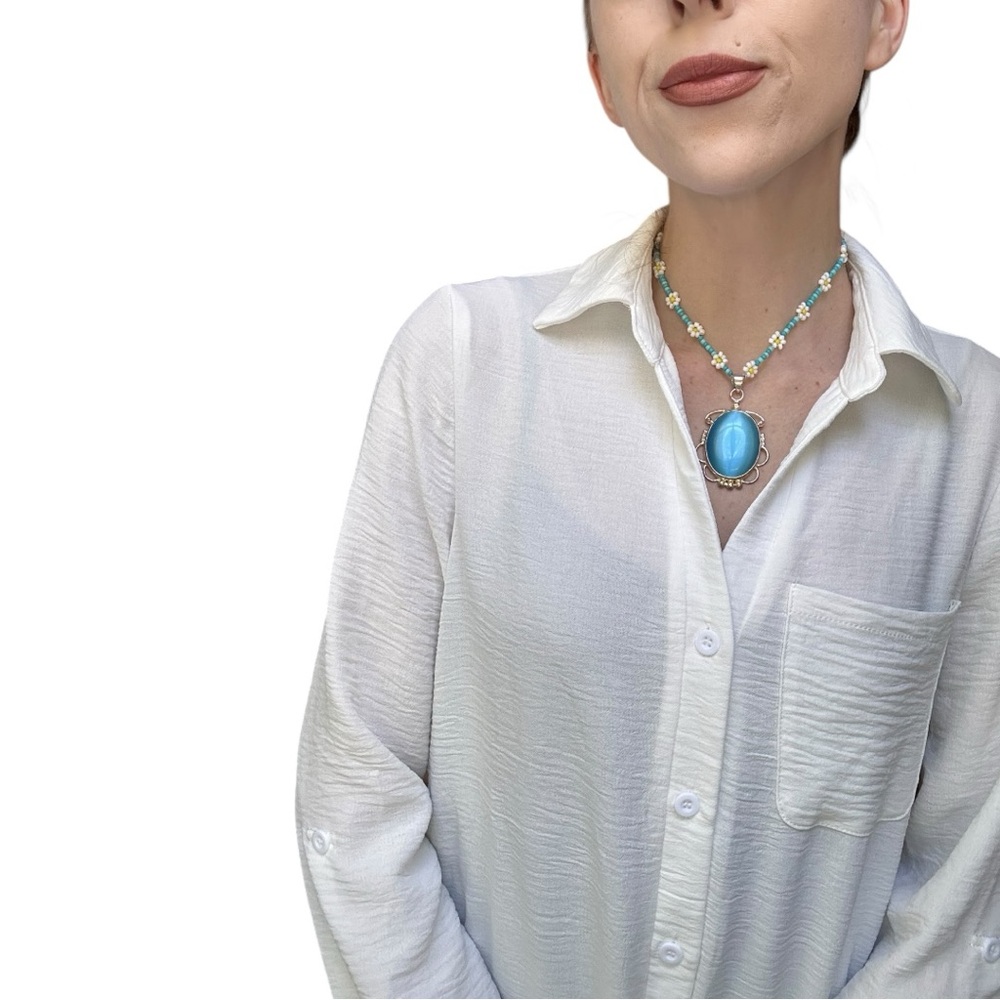 One of a Kind Necklace- Statement Jewelry- 925 Sterling Silver -  Blue Daisy